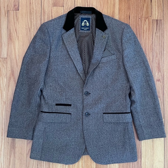 Marc Darcy London Brown Blazer Herringbone Tweed Sportscoat Jacket Velvet Patch - Picture 1 of 9